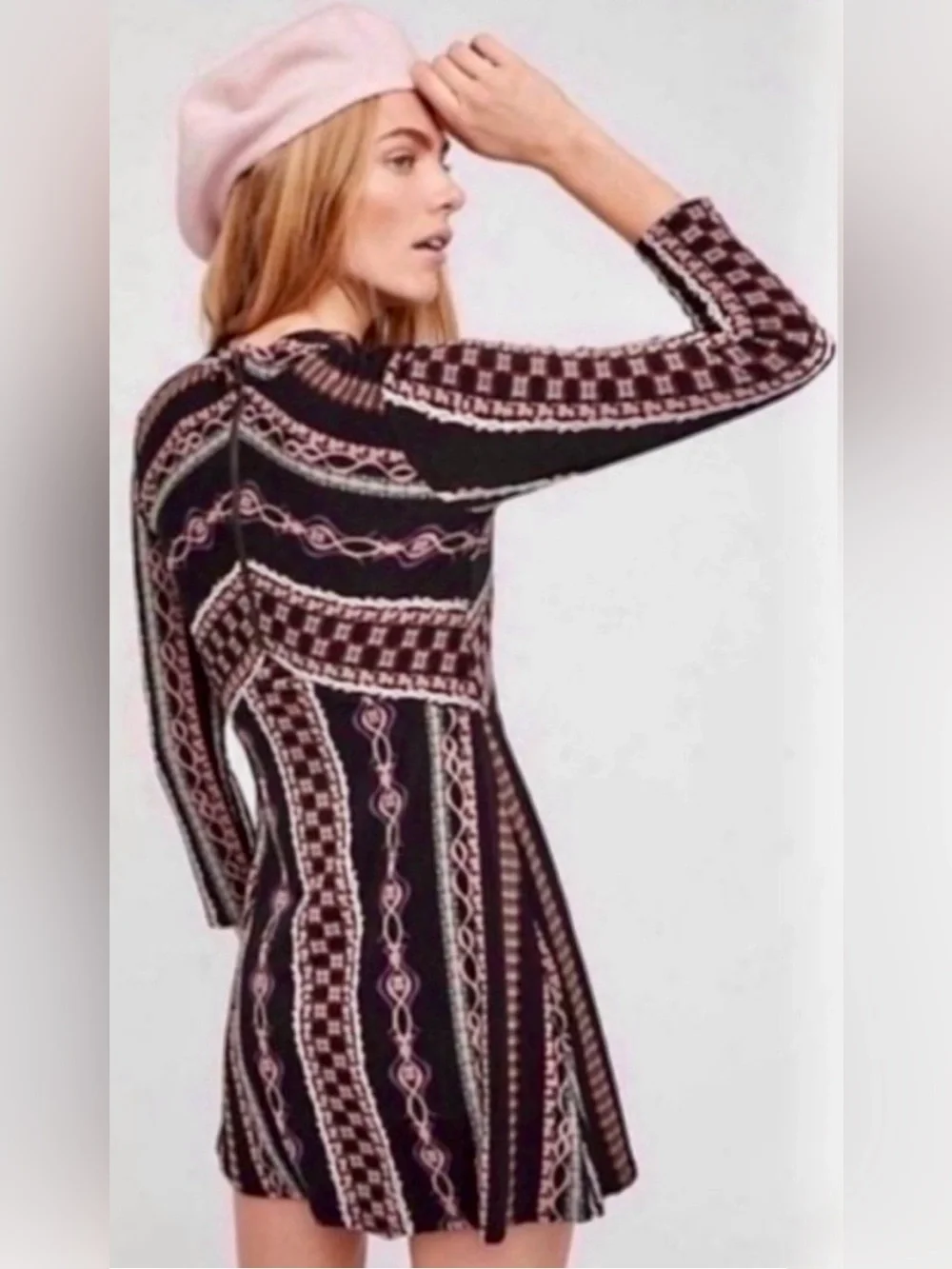 Free People Stella Print Mini Dress High Neck Bracelet Sleeves Sz S